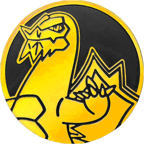 A golden badge depicting Baxcalibur.