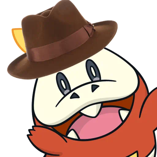 A Fuecoco greets the camera. It wears a brown fedora.