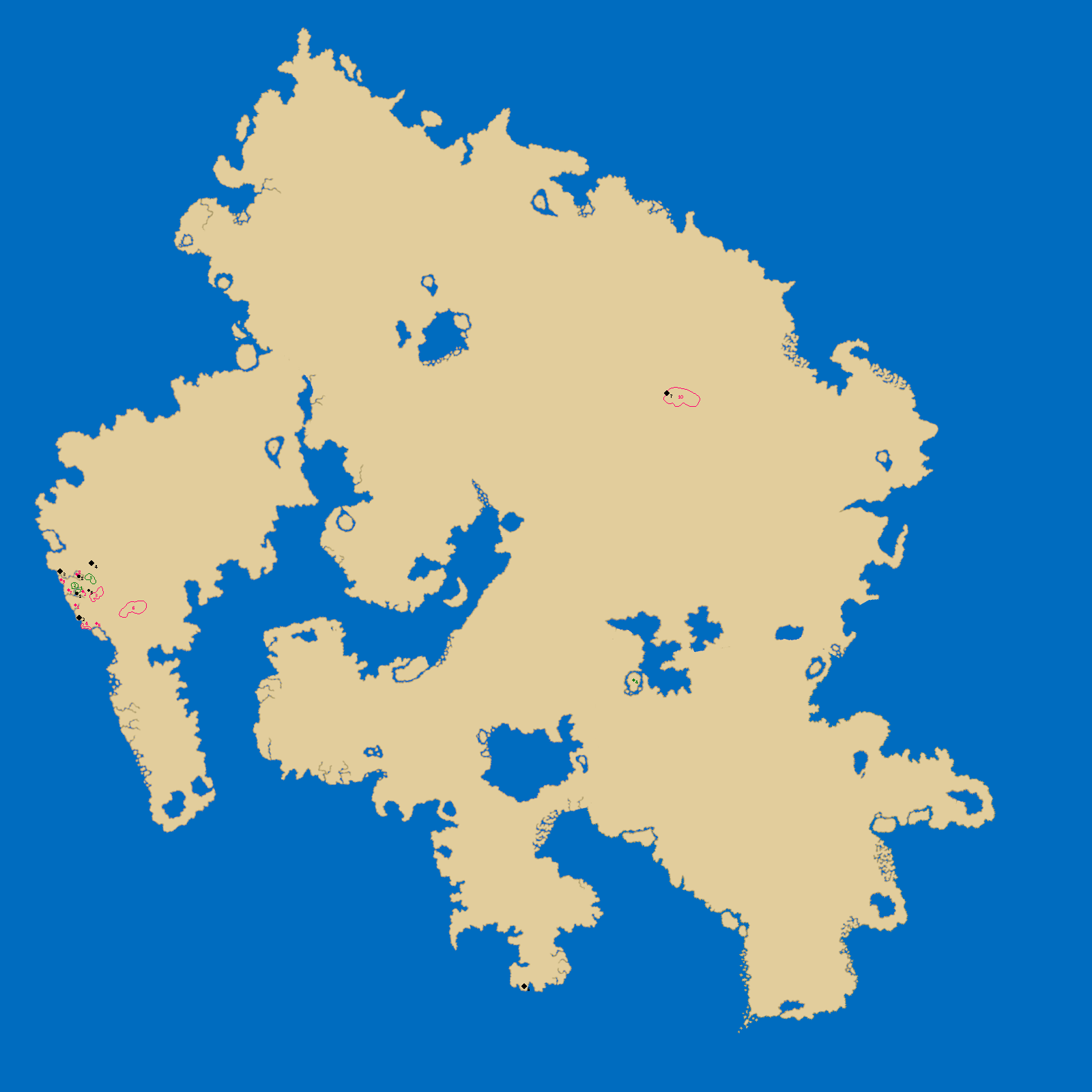 Satojiri's map, with several locations marked.